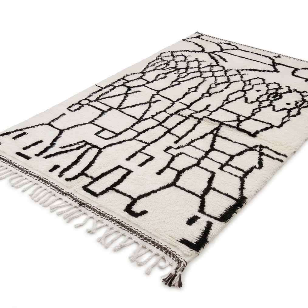 Tapis Azilal blanc aux motifs noirs