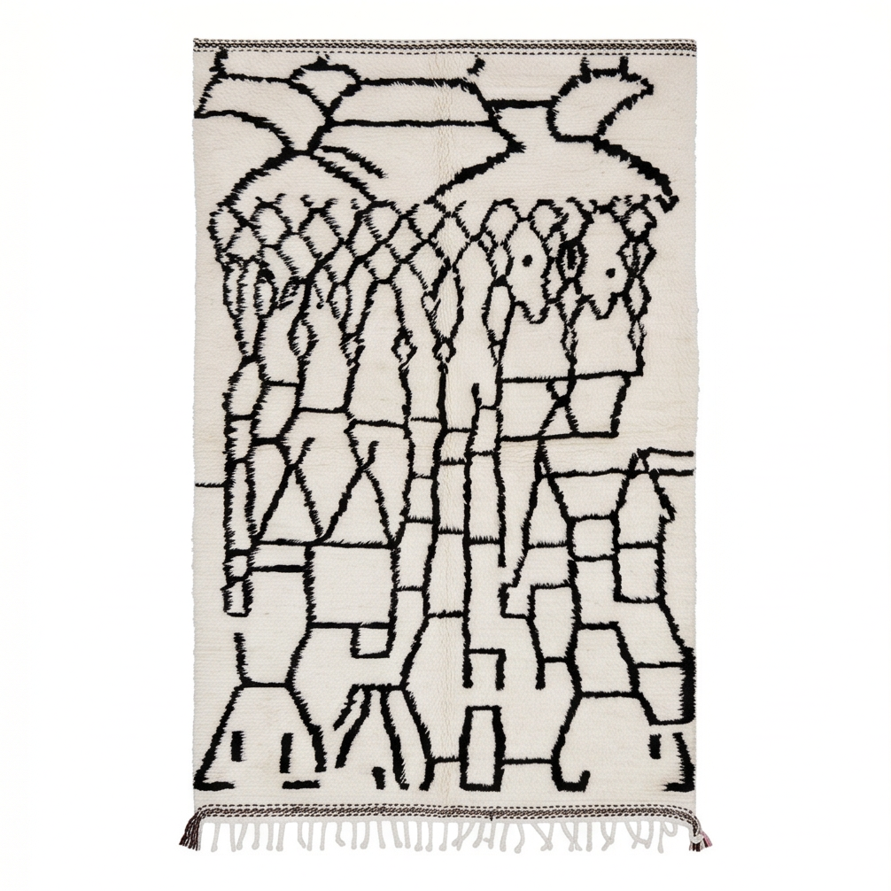 Tapis Azilal blanc aux motifs noirs