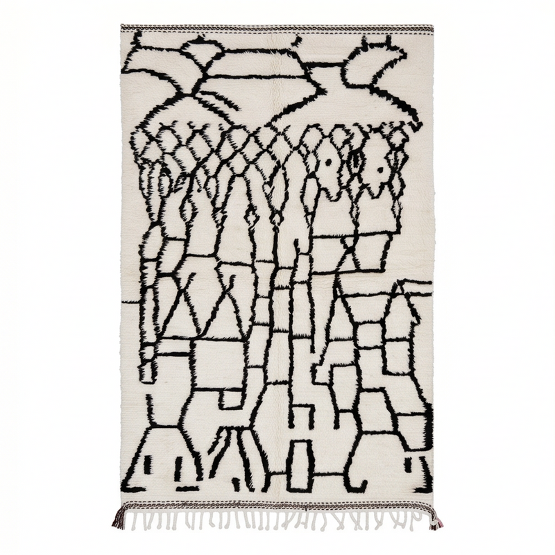 Tapis Azilal blanc aux motifs noirs