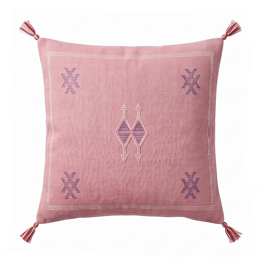 Coussin Cactus Soie rose à motifs violets