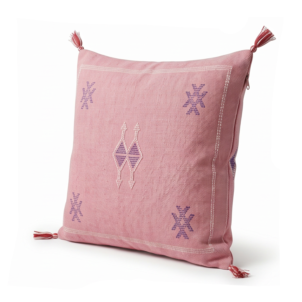 Coussin Cactus Soie rose à motifs violets