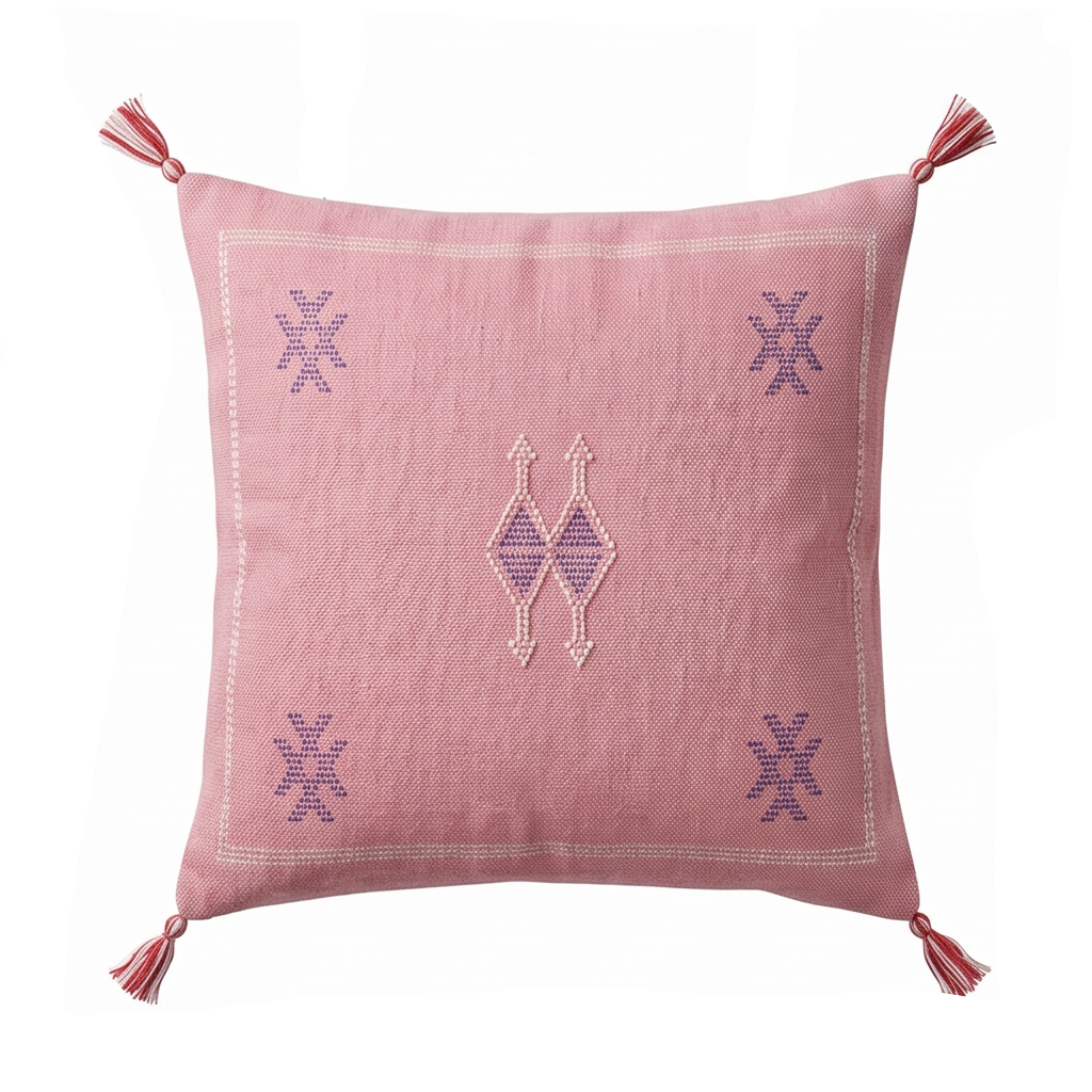 Coussin Cactus Soie rose à motifs violets