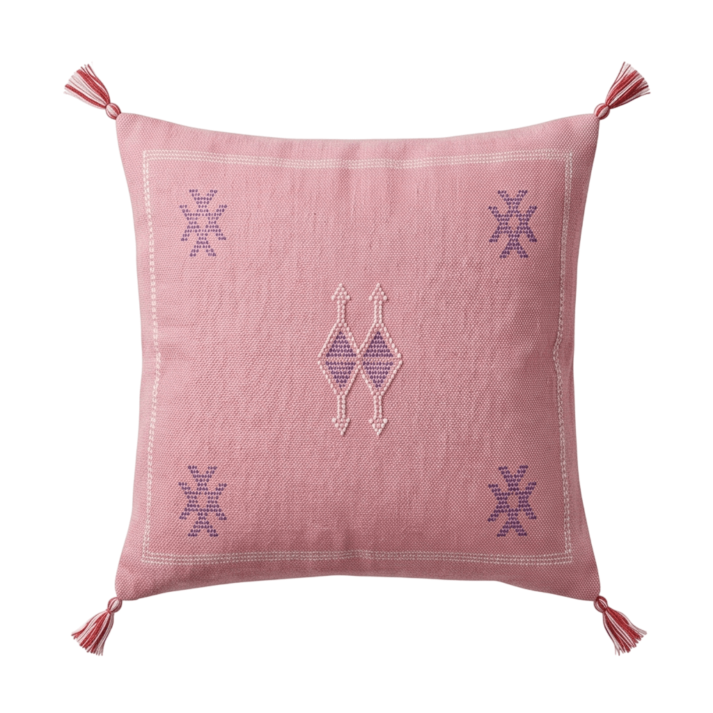 Coussin Cactus Soie rose à motifs violets