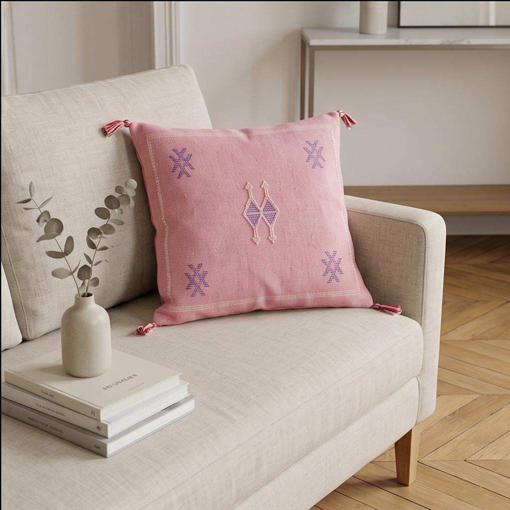 Coussin Cactus Soie rose à motifs violets