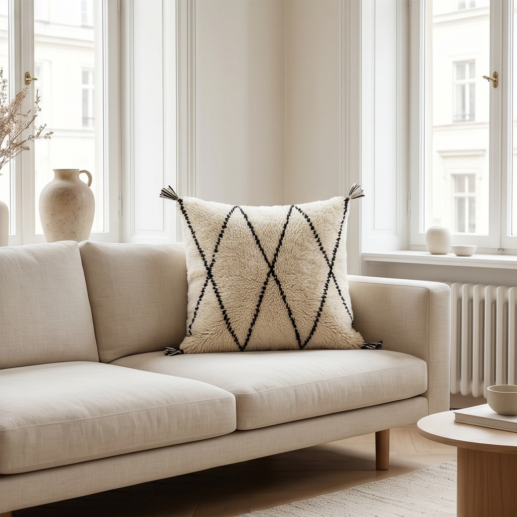 Coussin Béni Ouarain blanc et noir à losanges