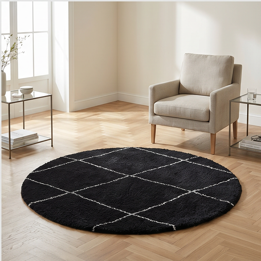 Tapis berbère rond noir losanges blanc - Sur mesure