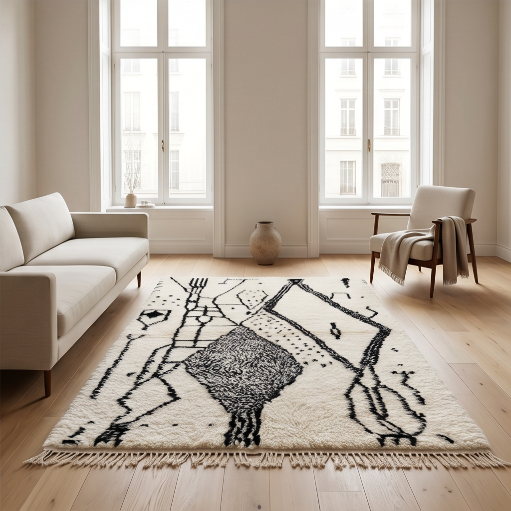 Tapis Azilal motifs abstrait noir et gris