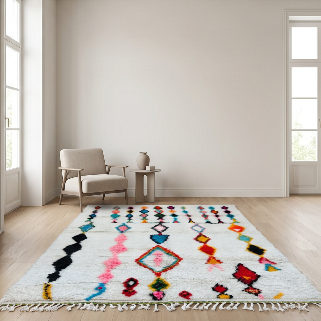 Tapis Azilal blanc à pluie de losanges