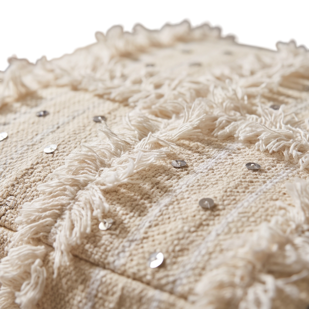 Pouf berbère écru en laine à sequins