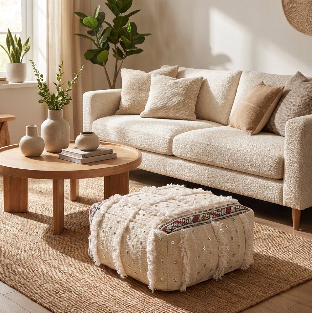 Pouf berbère écru en laine à sequins