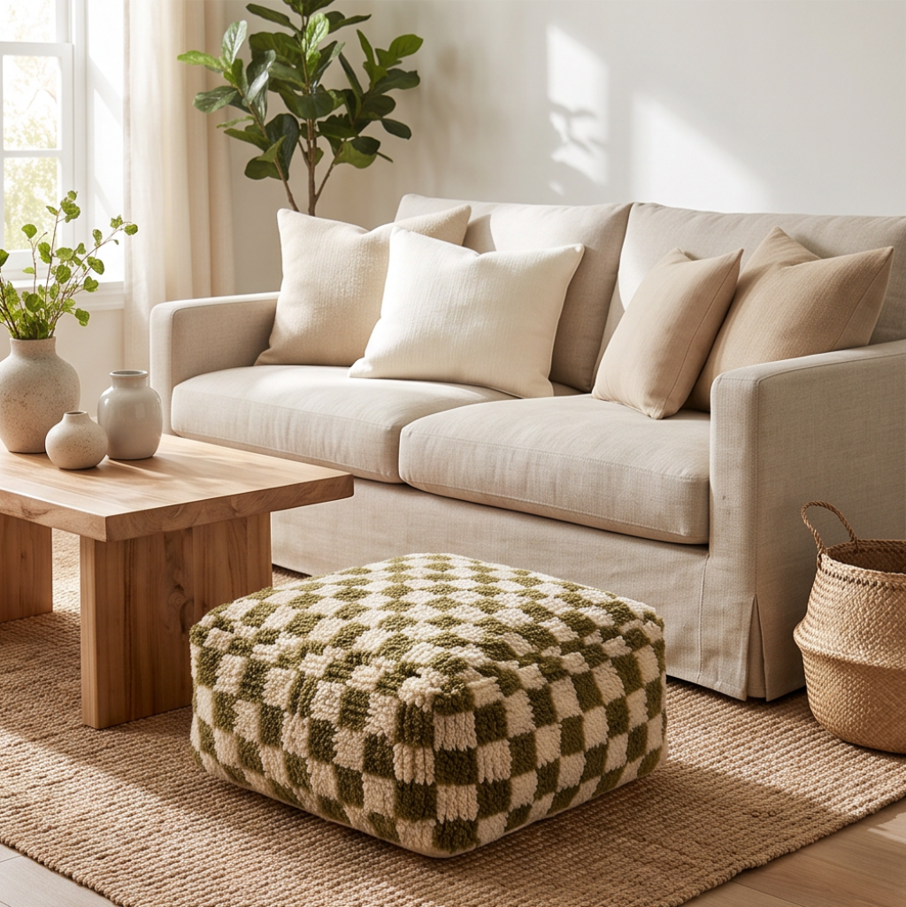 Pouf berbère damier vert et écru