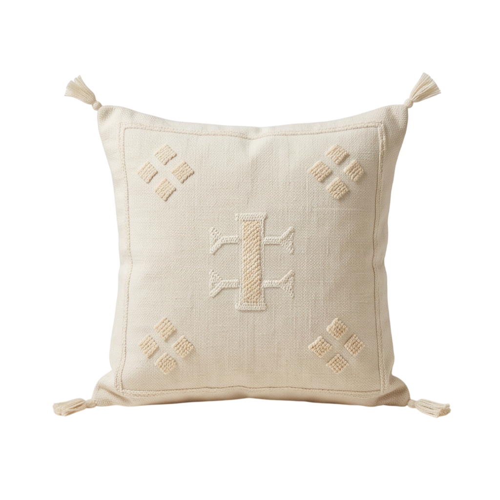 Coussin berbère écru motif jaune pastel