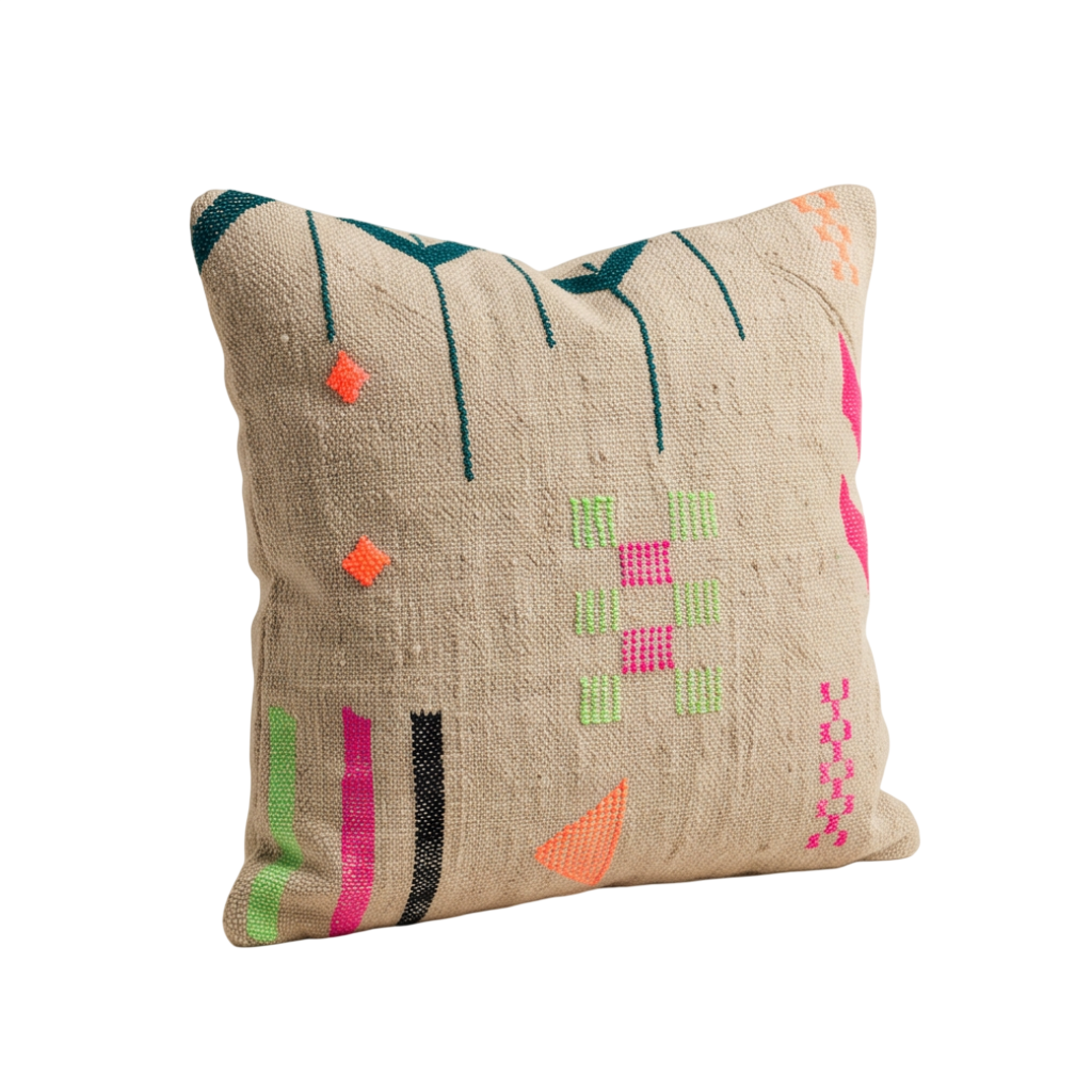 Coussin berbère taupe motifs fluo Kilim