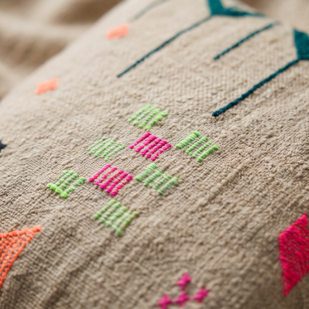 Coussin berbère taupe motifs fluo Kilim