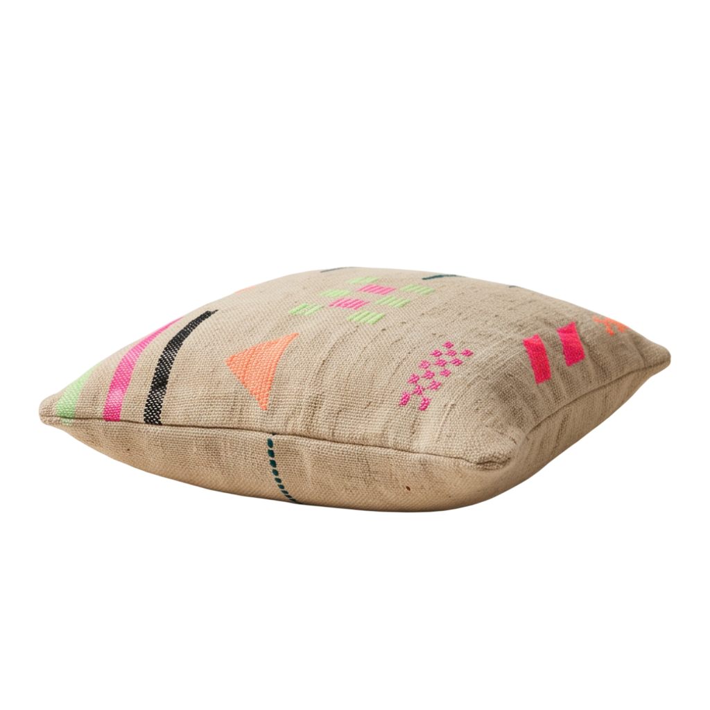 Coussin berbère taupe motifs fluo Kilim