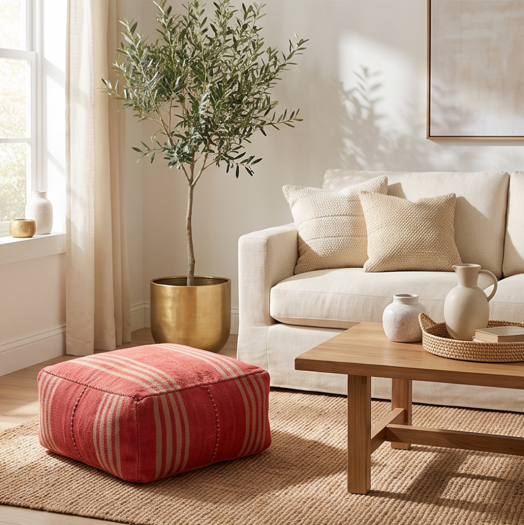 Pouf berbère rouge rayures fines