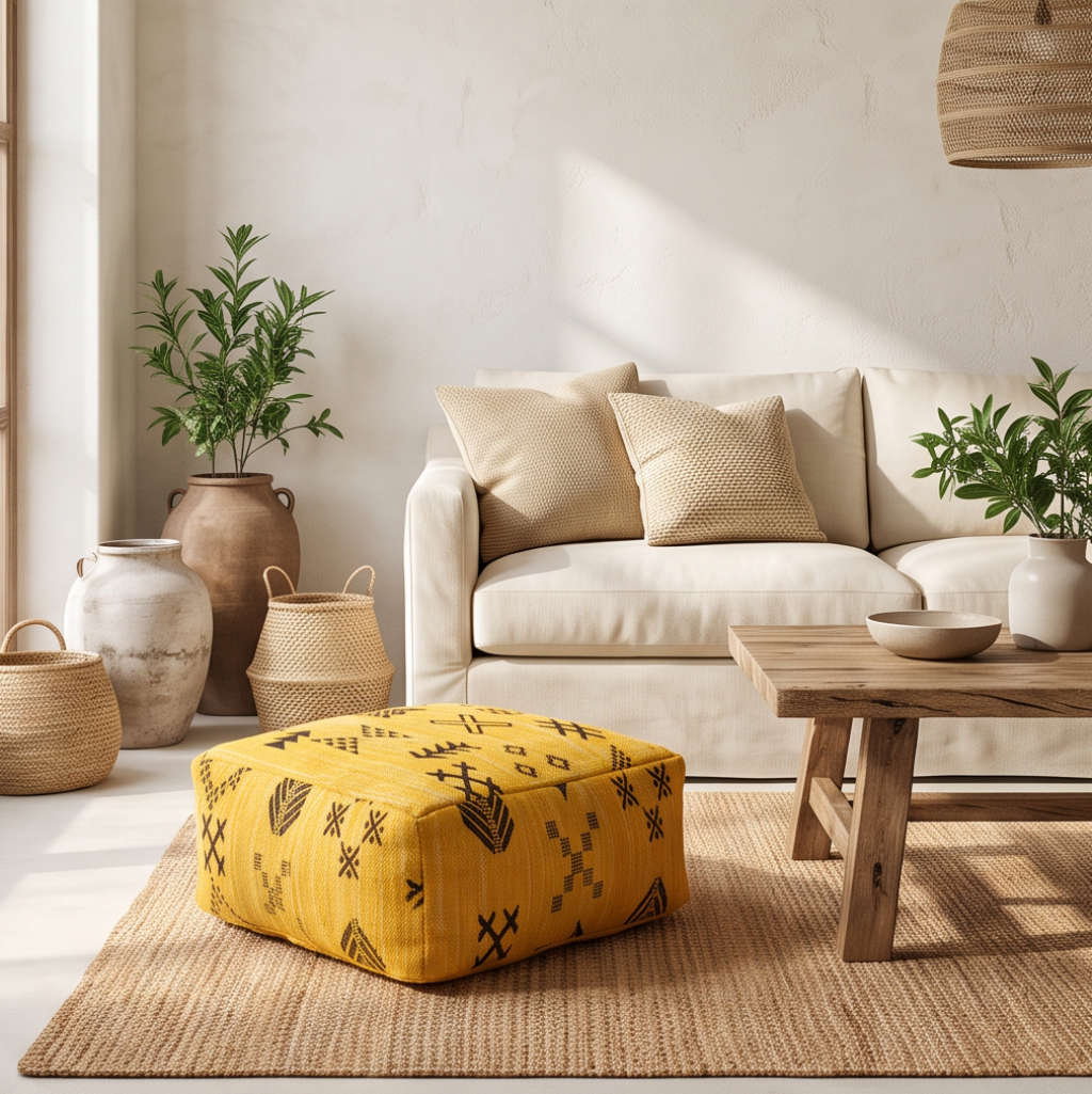 Pouf berbère jaune symboles tribaux