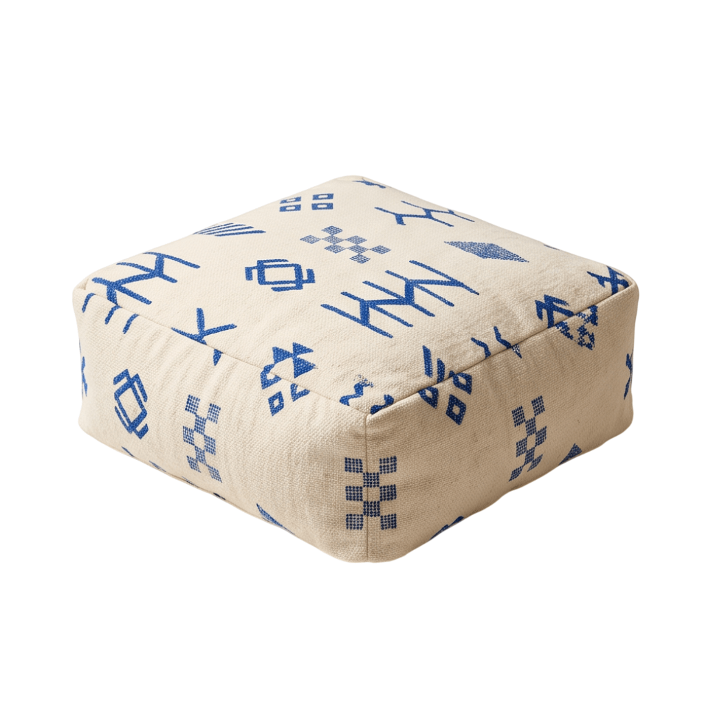 Pouf berbère écru symboles bleu marine