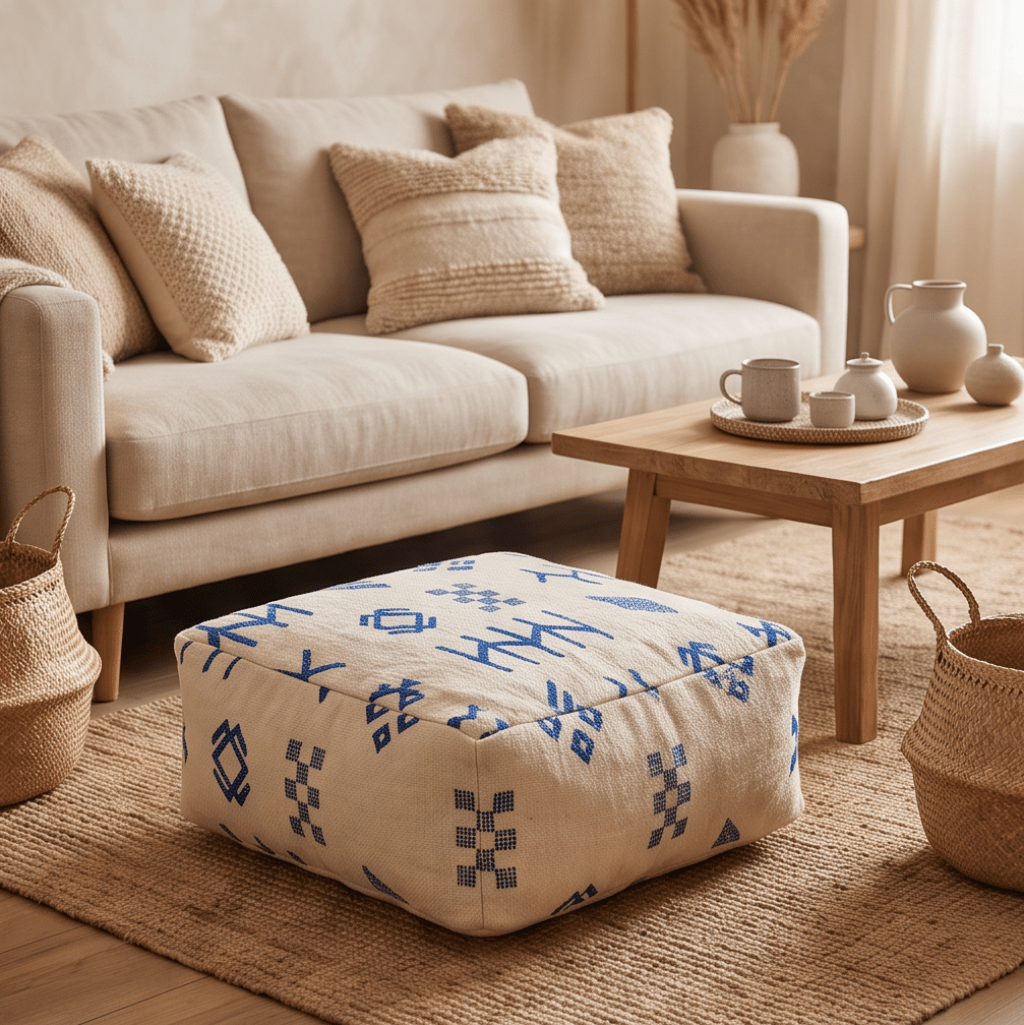 Pouf berbère écru symboles bleu marine