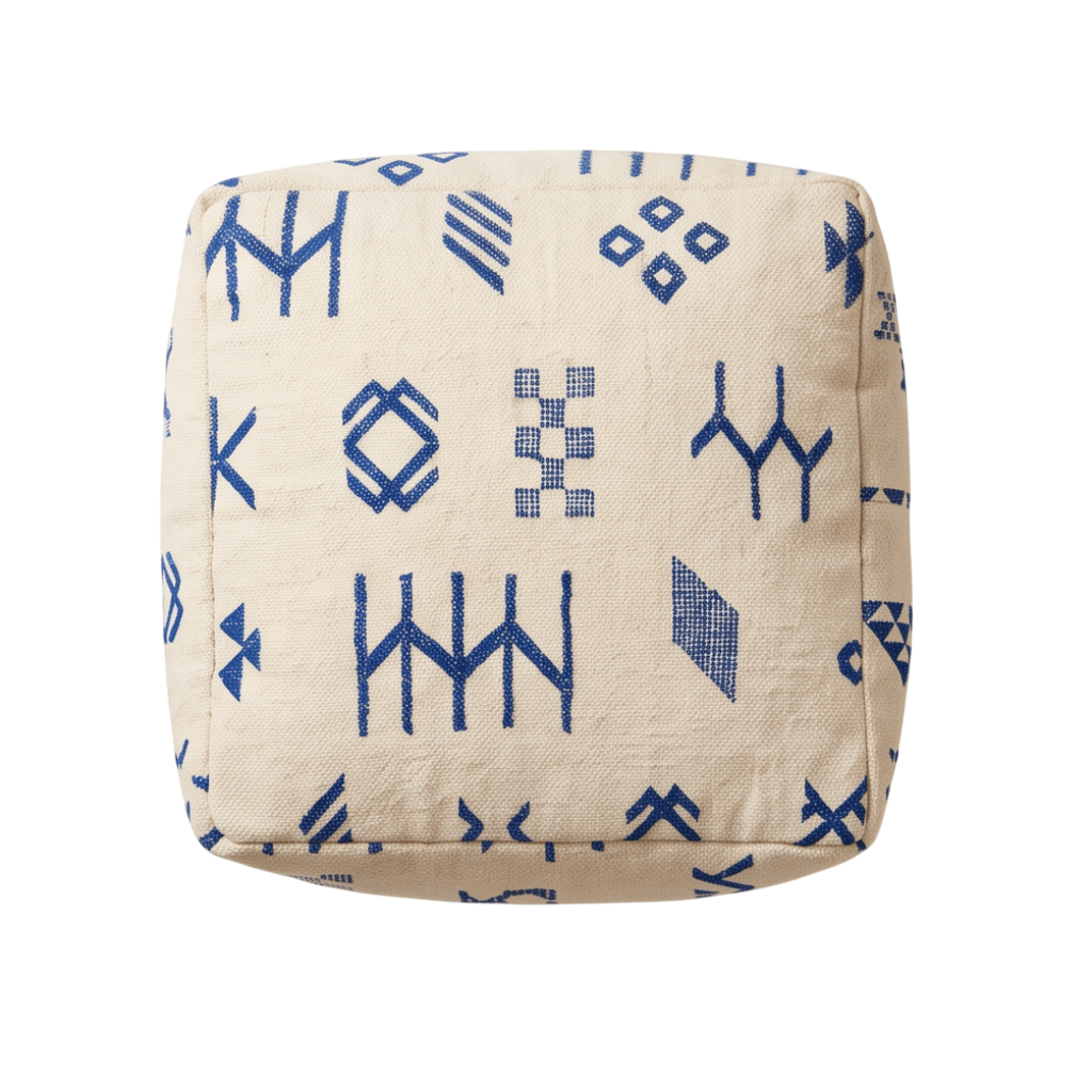 Pouf berbère écru symboles bleu marine
