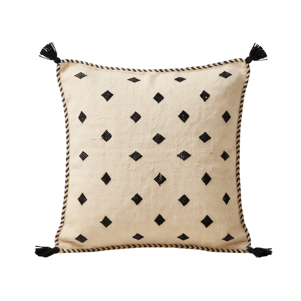 Coussin berbère écru losanges noirs Kilim