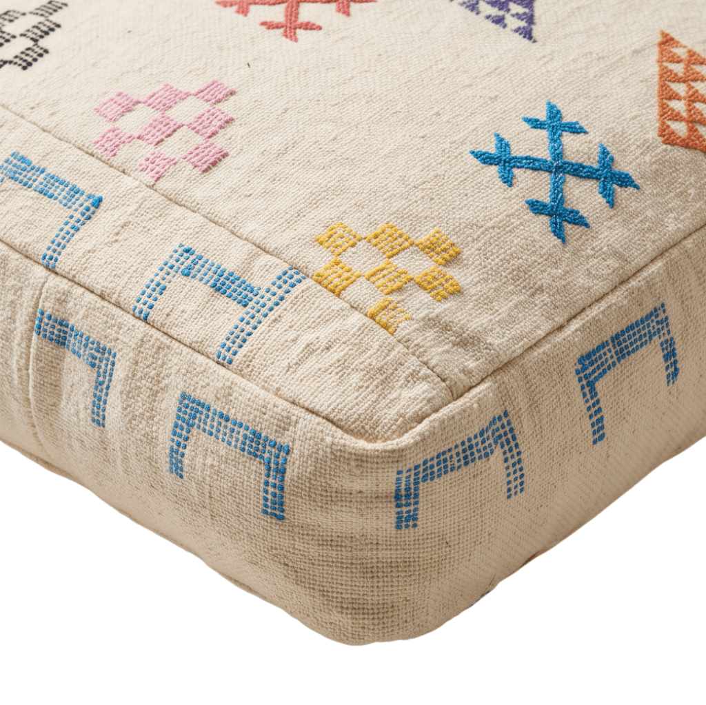 Pouf berbère écru bordure clé grecque