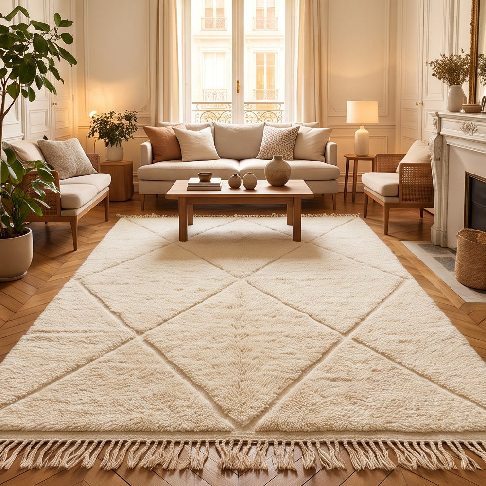 Tapis Béni Ouarain écru à grands losanges ton sur ton en relief dans un salon