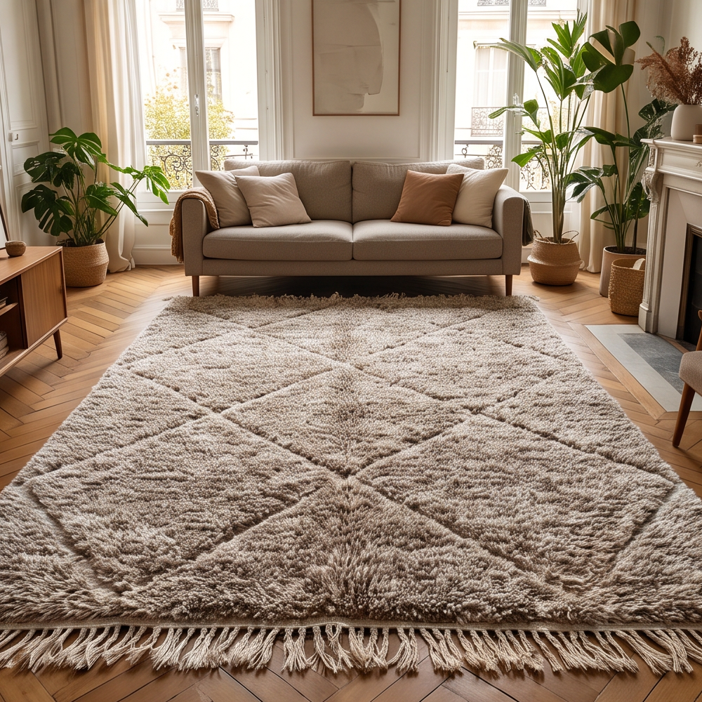 Tapis Béni Ouarain brun chiné et écru à texture chinée discrète dans un salon