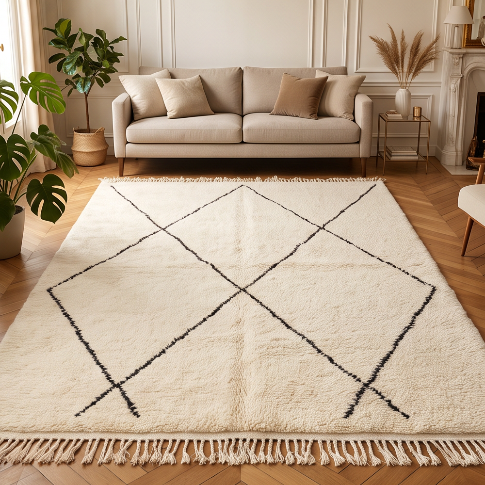 Tapis Béni Ouarain écru et noir à grands losanges noirs dans un salon