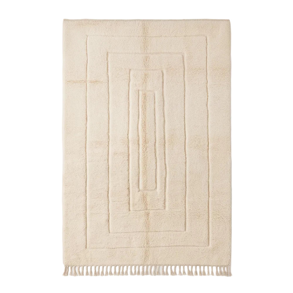 Vue de dessus du tapis Béni Ouarain écru à rectangles concentriques en relief