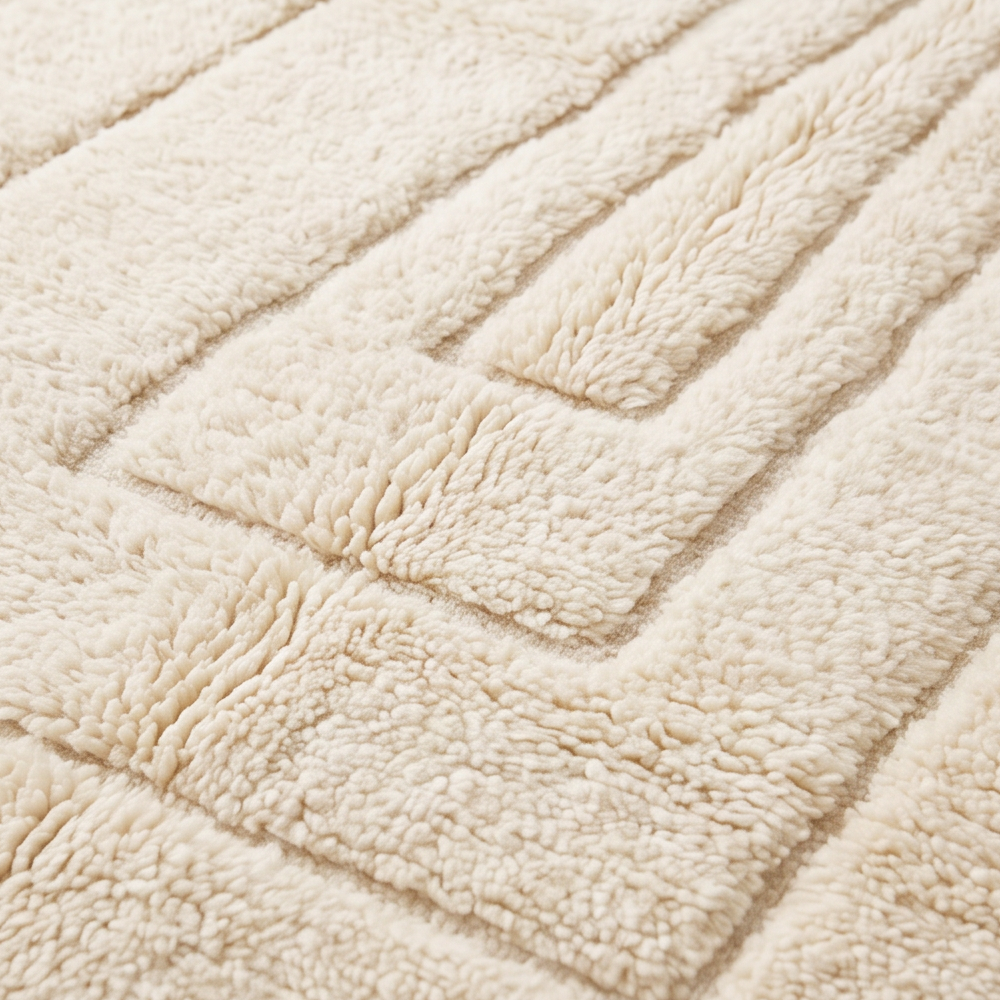 Gros plan sur la laine et le motif rectangles concentriques en relief du tapis Béni Ouarain
