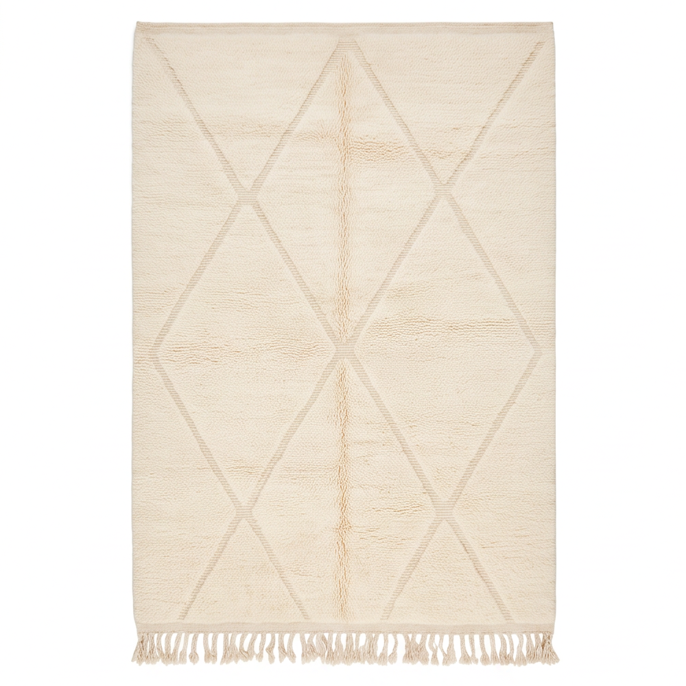 Vue de dessus du tapis Béni Ouarain écru à grands losanges ton sur ton