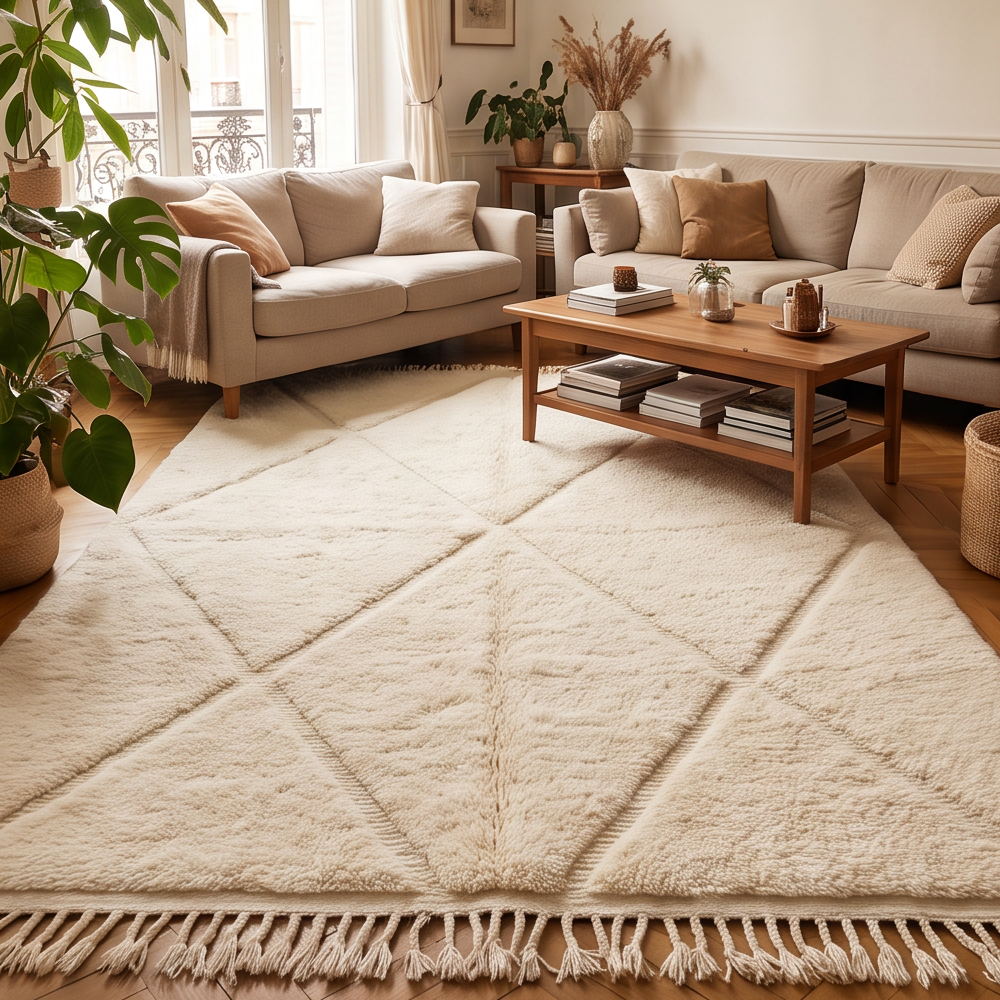 Tapis Béni Ouarain écru à grands losanges ton sur ton dans un salon