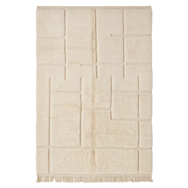 Vue de dessus du tapis Béni Ouarain écru à blocs géométriques en relief