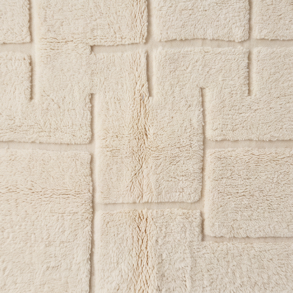 Gros plan sur la laine et le motif blocs géométriques en relief du tapis Béni Ouarain