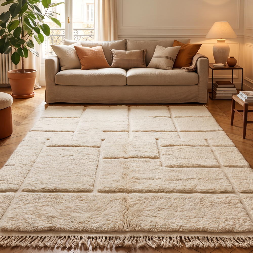 Tapis Béni Ouarain écru à blocs géométriques en relief dans un salon