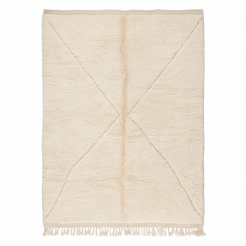 Vue de dessus du tapis Béni Ouarain écru à grand motif croisé ton sur ton