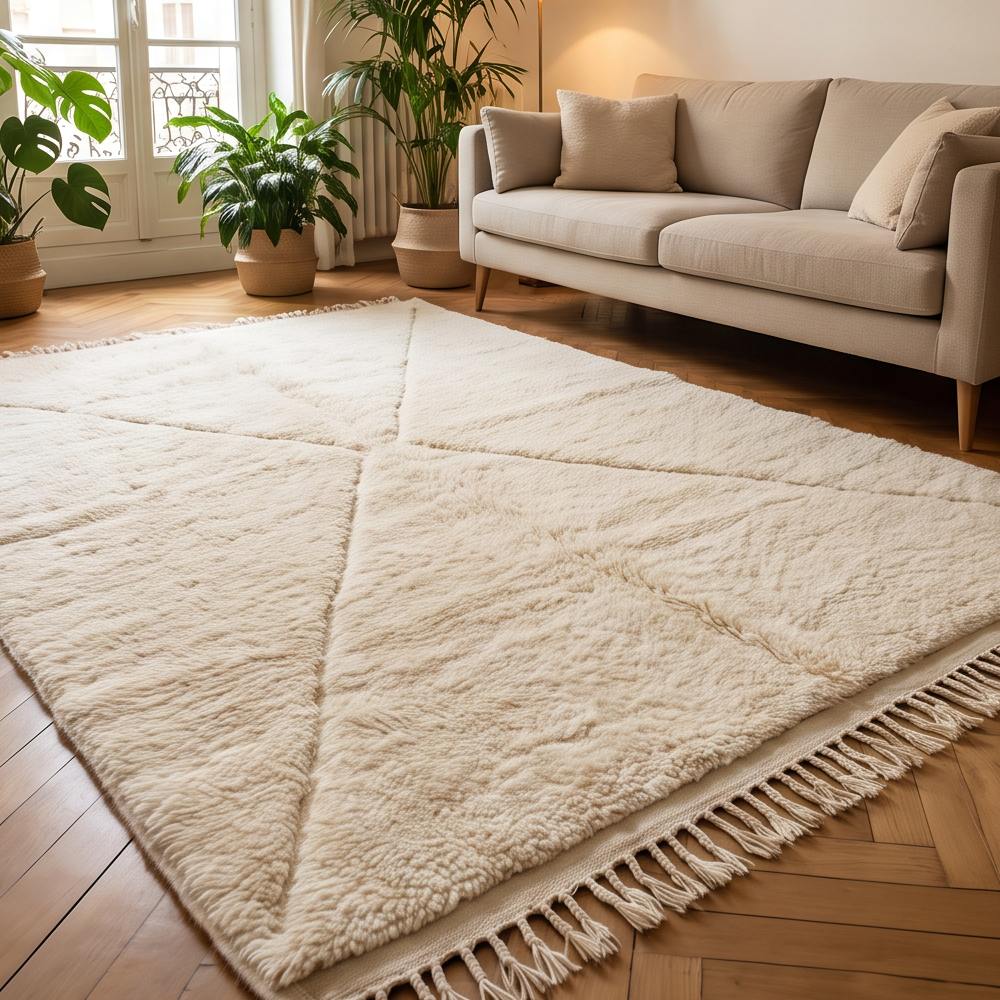 Tapis Béni Ouarain écru à grand motif croisé ton sur ton dans un salon