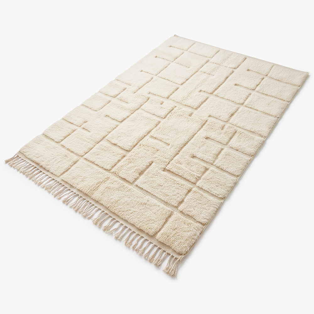 Vue en perspective du tapis Béni Ouarain écru et beige