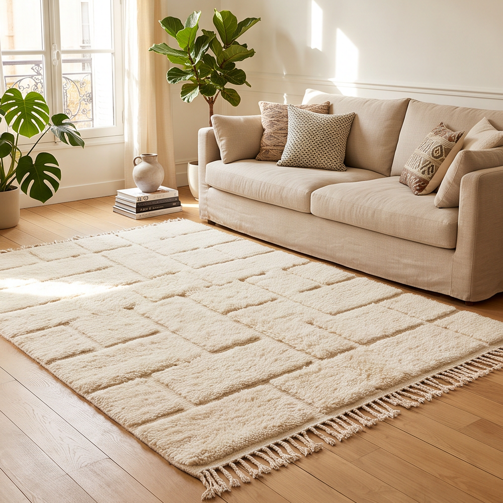 Tapis Béni Ouarain écru et beige à quadrillage architectural en relief dans un salon