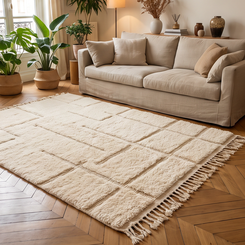 Tapis Béni Ouarain écru et beige à blocs géométriques ton sur ton dans un salon