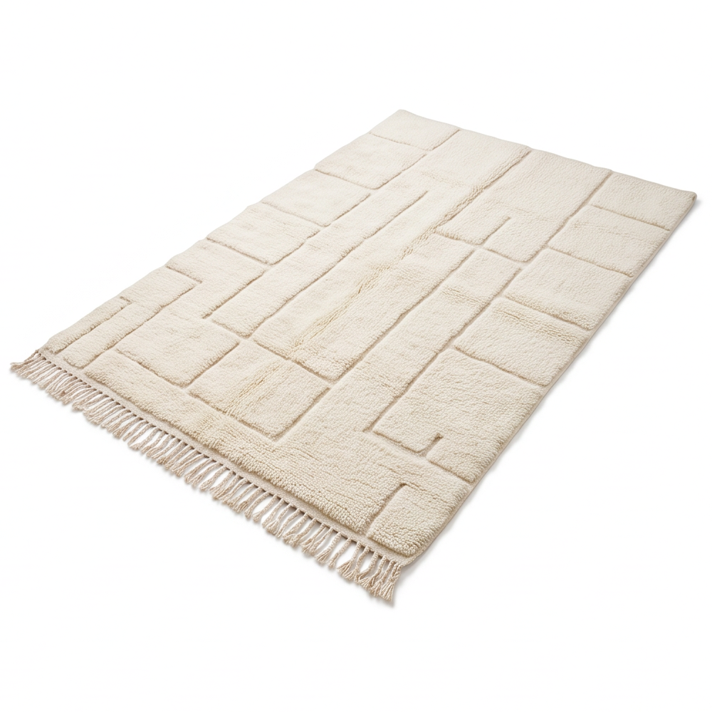 Vue en perspective du tapis Béni Ouarain écru