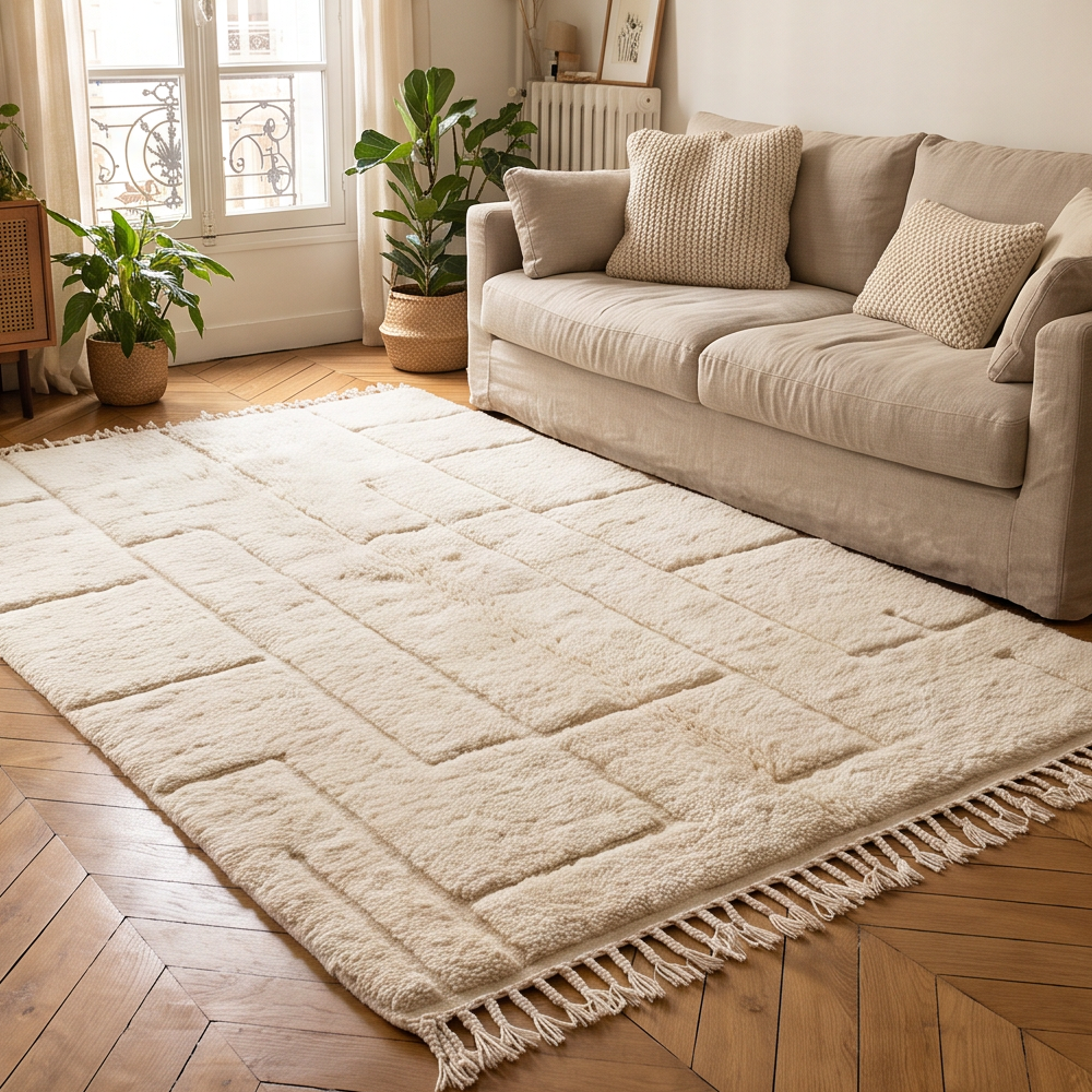 Tapis Béni Ouarain écru à rectangles verticaux en relief dans un salon