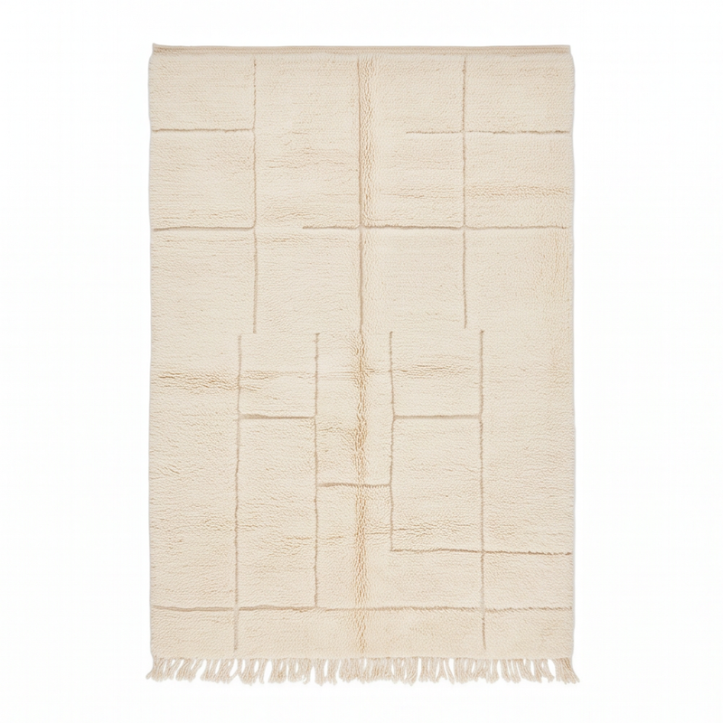 Vue de dessus du tapis Béni Ouarain écru et beige à quadrillage de rectangles ton sur ton