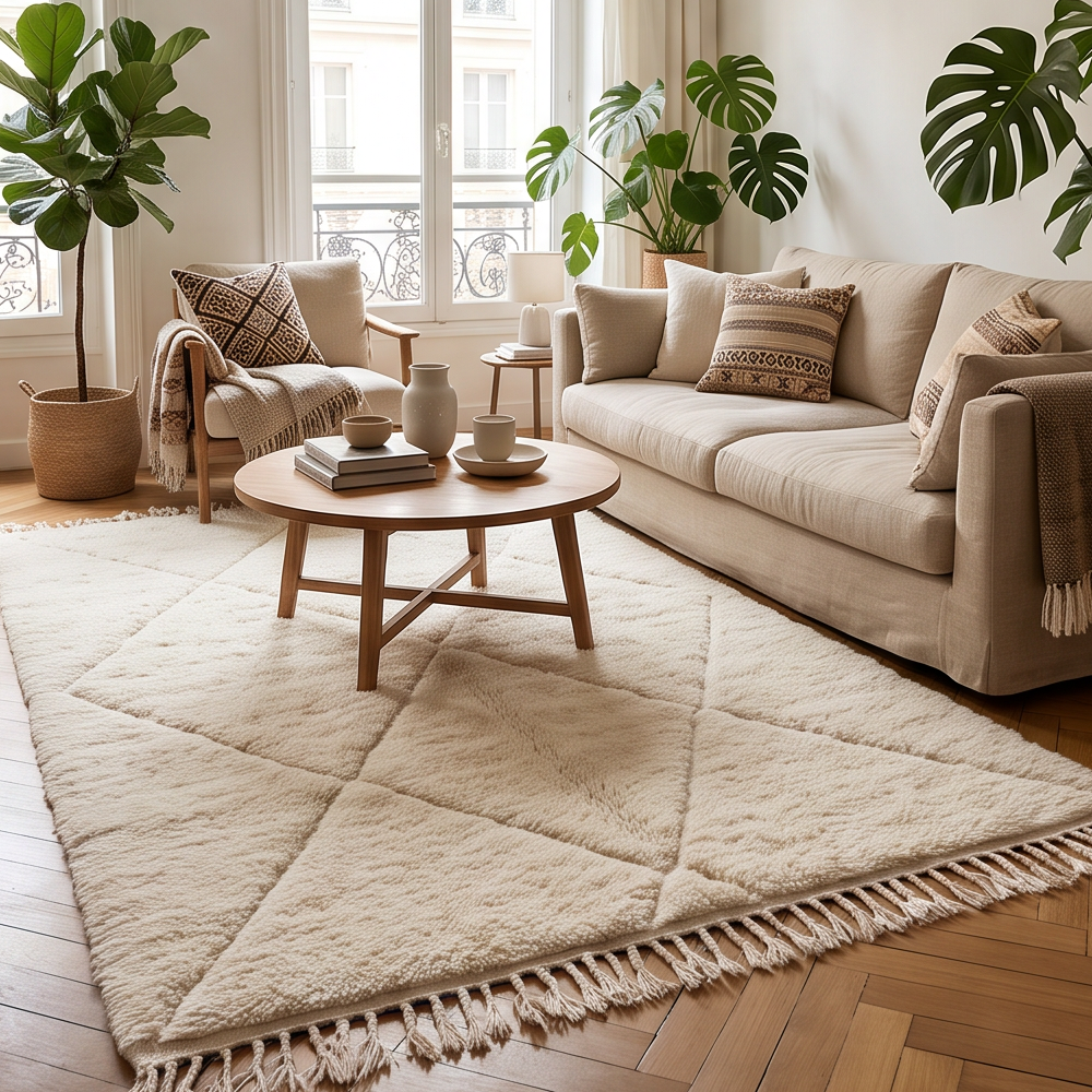Tapis Béni Ouarain écru à grands losanges ton sur ton dans un salon