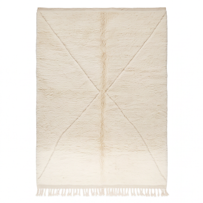 Vue de dessus du tapis Béni Ouarain écru à grand motif croisé ton sur ton
