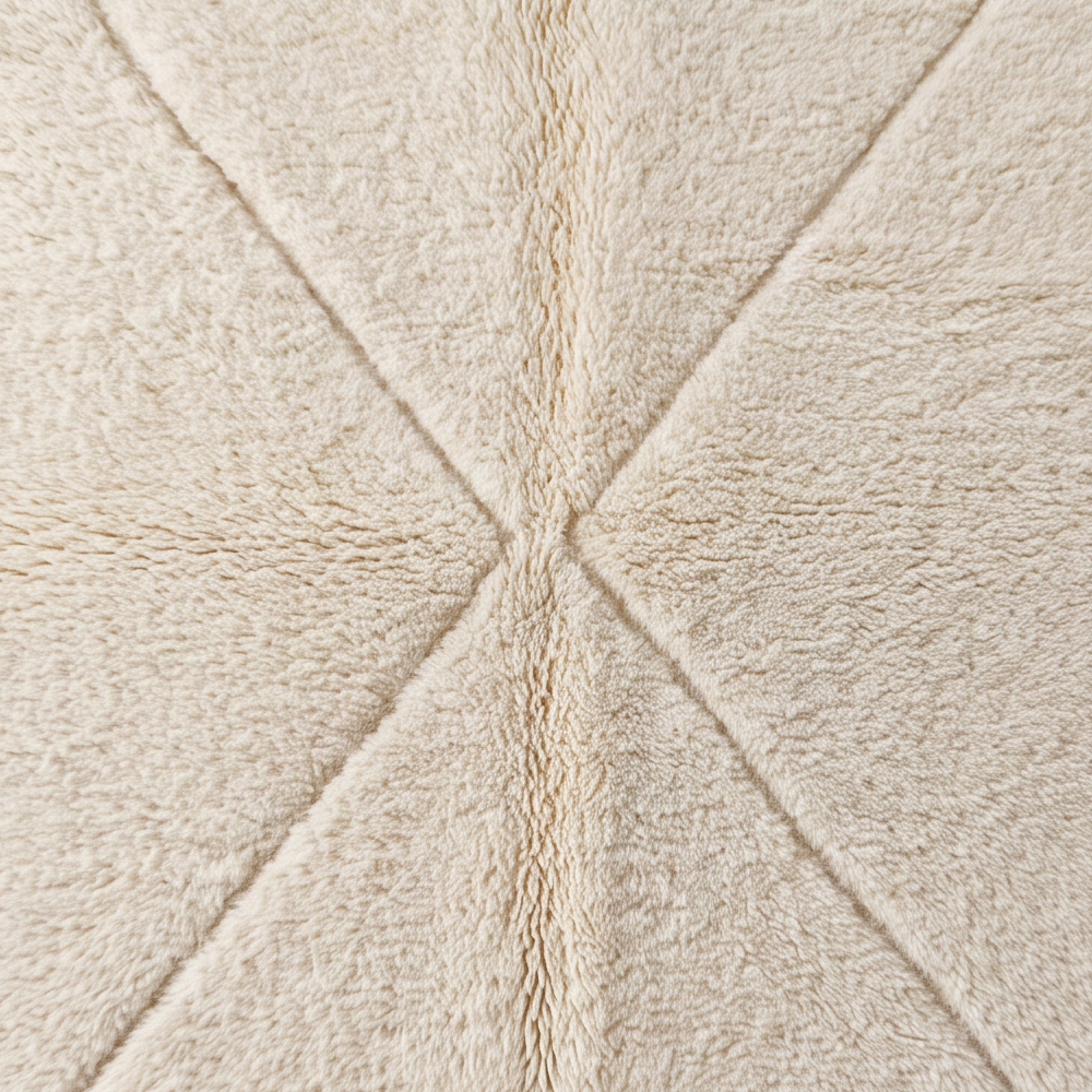 Gros plan sur la laine et le motif grand motif croisé ton sur ton du tapis Béni Ouarain