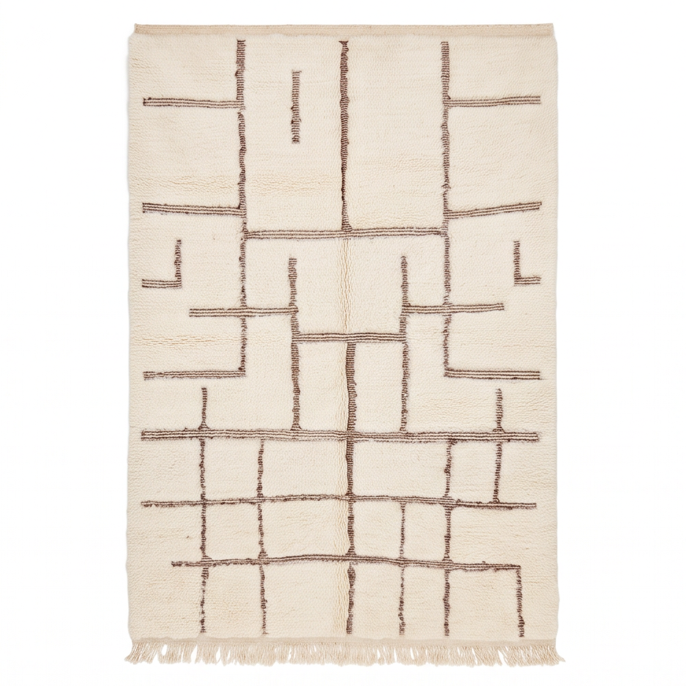 Vue de dessus du tapis Béni Ouarain écru et brun à lignes géométriques brunes