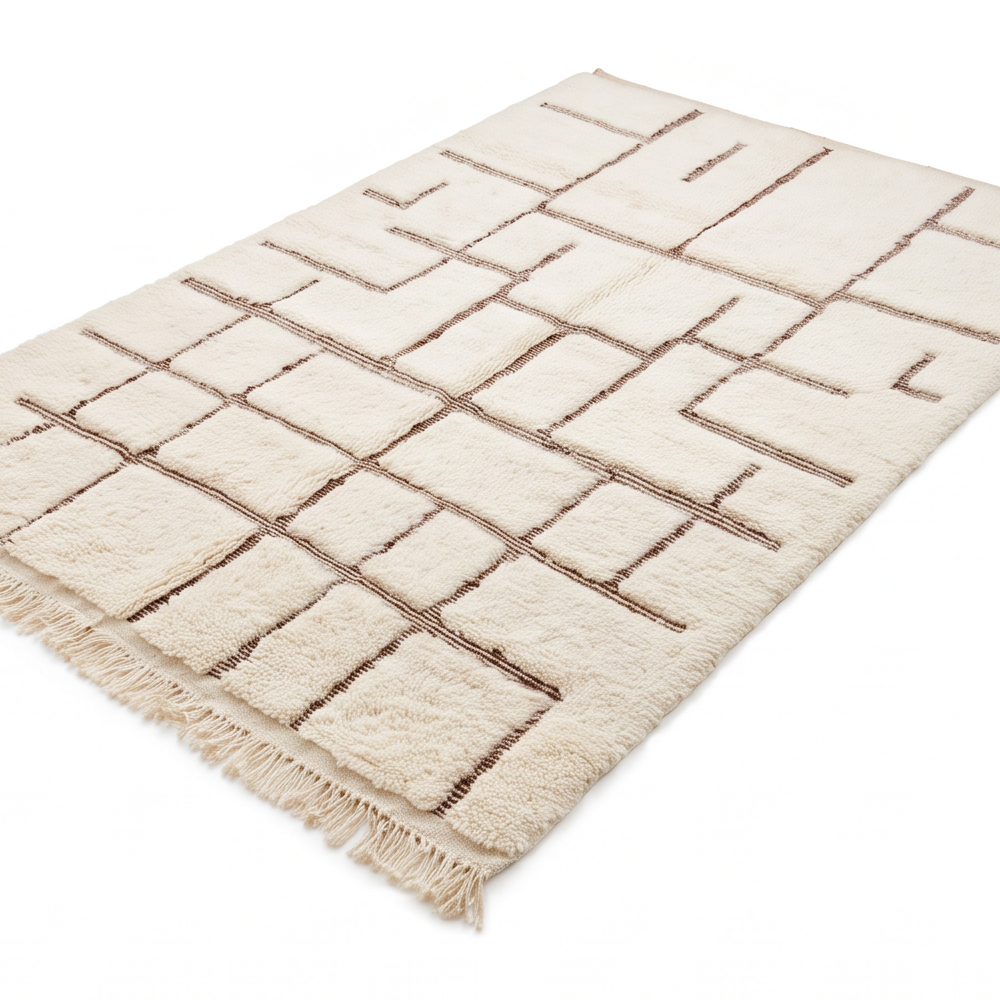 Vue en perspective du tapis Béni Ouarain écru et brun