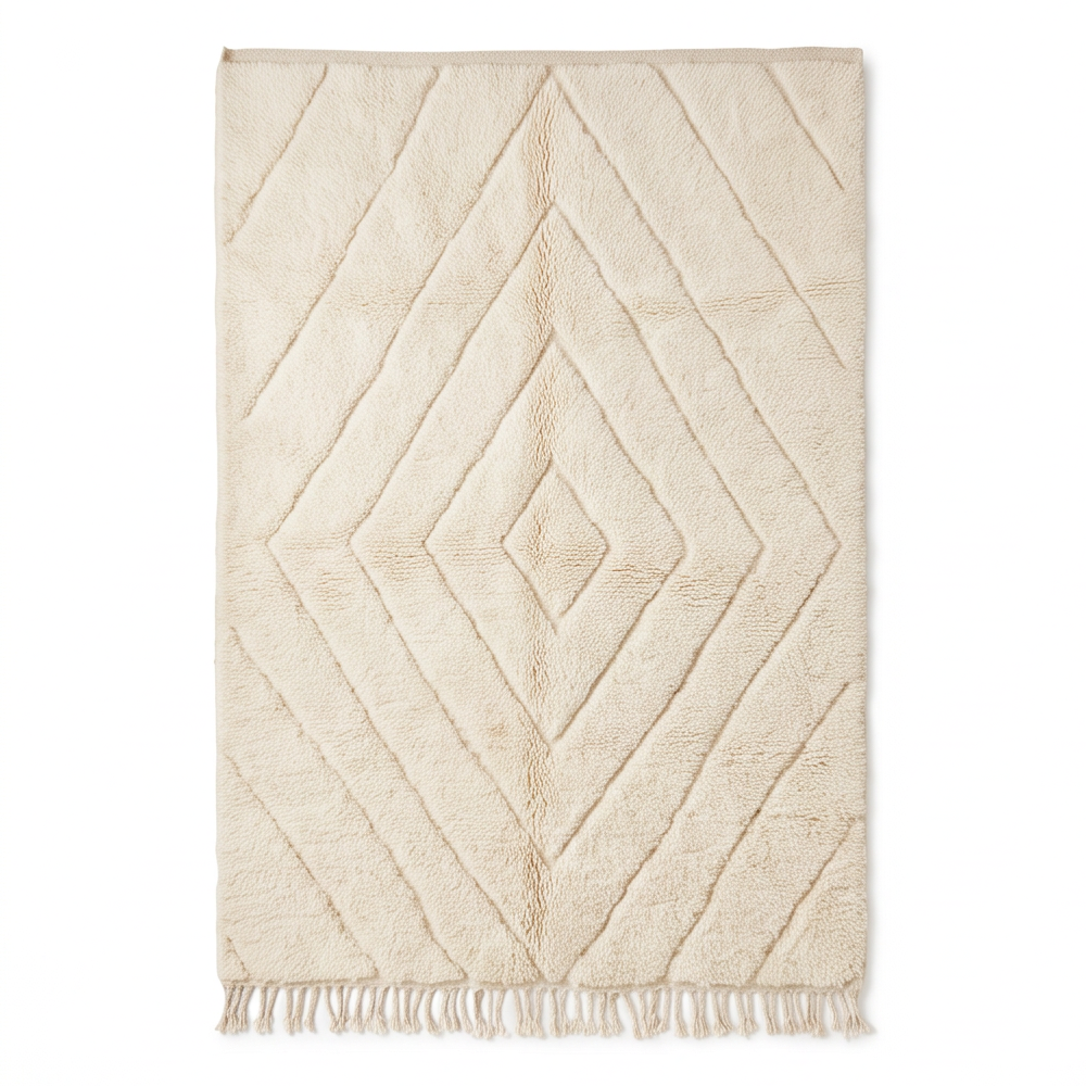 Vue de dessus du tapis Béni Ouarain écru à losanges concentriques en relief